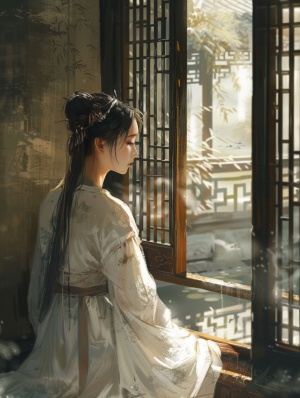 一个古代女子，身穿浅色衣服，坐在窗子旁边，眼睛注视窗外的小桥流水