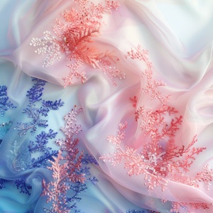 蓝粉色色渐变 有起伏感 珊瑚元素 冰晶点缀 流光面料和薄纱面料 一块面料再造