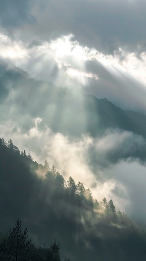 新雨后的山景，阳光透过云层，山间雾气，