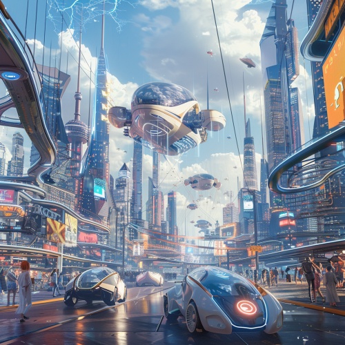 Create a surrealistic illustration depicting a futuristic May Day play scene, with futuristic cityscapes, flying cars, and people engaging in high-tech VR games and experiences, showcasing the wonders of the future world