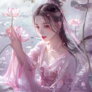 穿着粉色荷花连衣裙的女孩手里拿着花,光影洒在她的脸上。她的长发扎在脑后,戴着精致的耳环,坐在柔软的白云中轻轻微笑。背景是盛开的荷花和飘浮的水百合,营造出一种宁静的氛围。画面以中国艺术风格聚焦于女孩的特写,强调宁静。