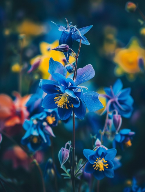A photo of an indigo colored aquilegia flower, with other flowers in the background, taken in the style of Canon EOS R5.