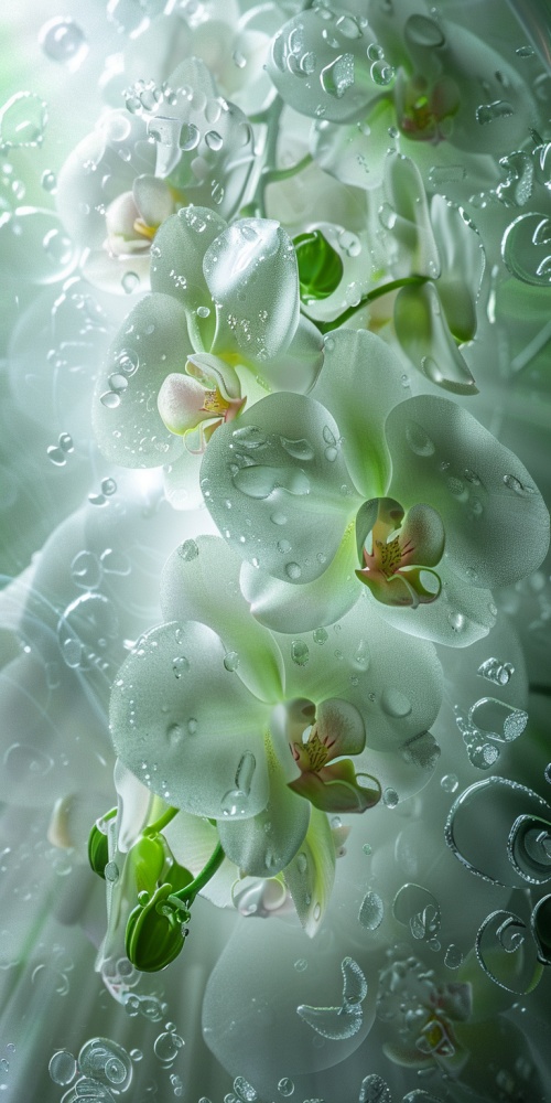 Masterpiece, masterpiece, white green orchids, icy, crystal clear, octane rendering, lighting art, low light photography, light particles, texture, complete details, ultra-high resolution, dreamy, rich colors, bright and elegant, 32k, Chinese style