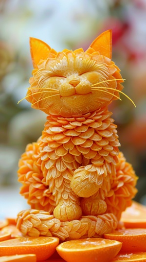 The orange cat is carved from oranges, cute and lovely, smiling happily, surrounded in the style of many small petalshaped mandarins, which make up the body of an adorable little kitten. The whole picture gives people fresh colors and high definition, which makes it hard to imagine how beautiful life really can be! ar 11:20