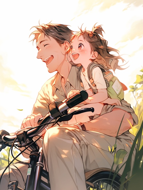 ✨关键词：父亲节，爸爸抬头望着镜头，骑着自行车，女孩正坐在爸爸的后座上，大眼睛，开心地笑，草地在前景，极长镜头，广角✨