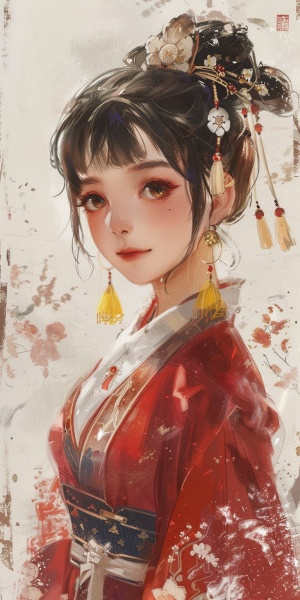 一个穿着红白色中国传统服装的可爱女孩,大眼睛,黄色耳环,头发梳成髻侧向一边,站在浅色的背景前。这幅画采用简单的漫画风格和平涂绘画手法,颜色块分明展现出艺术感,并且具有自然光线的肖像摄影风格。