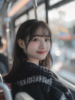 一个清秀的中国姑娘坐在客车上，穿着黑色毛衣，毛衣上有白色的条纹，身体好，面对镜头露微笑，有柔顺的刘海在脸颊的两侧，高清。