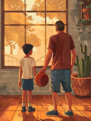 制作一张父亲节海报，爸爸和儿子一起在家看篮球比赛，明亮的风格，暖色，动画，高细节，高品质；