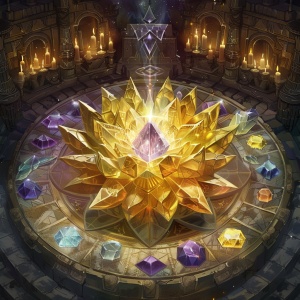 古老的法阵中央一朵金色水晶莲花周围环绕着许多宝石，外圈水晶形成八角形，里面镶嵌着各种颜色的宝石。背景以英雄联盟飞溅艺术风格的蜡烛和魔法符号等神秘元素为特色。魔法光环从中心由内而外散发出来。顶部的圆形图案显示了五个黄道十二宫。中间有一个发光的紫色大水晶球。具有动漫风格的美感。