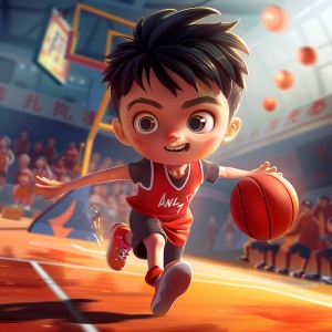 一个中国男孩，运动员，在进行运动，卡通，有活力