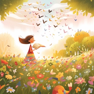 温暖的阳光洒在绿草地上，一只快乐的小鸟在枝头跳跃欢歌。远处，一排绚丽的彩虹勾勒出天际线。五彩斑斓的花朵散发出迷人的芬芳，吸引了蜜蜂和蝴蝶的热情舞蹈。一位年轻的女子迈着轻盈的步伐，面带微笑，迎着朝阳开始美好的一天。她手捧书籍，不断充实自己的知识。生活无处不在，无时不刻，正如这位女子一样，我们都应该积极面对，坚信每一天都是一个充满希望的开始。