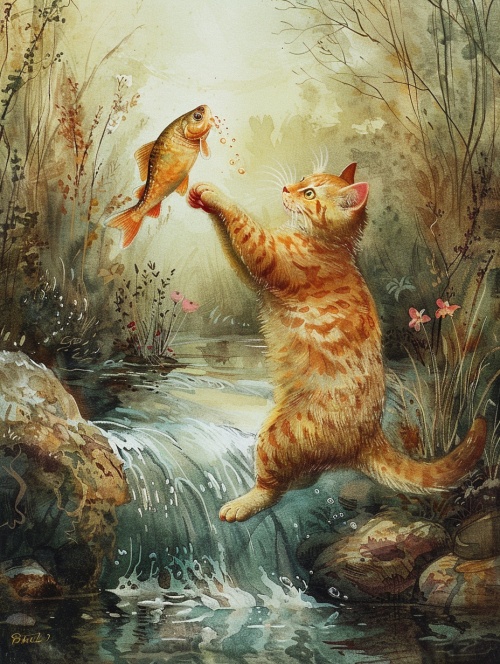 一只猫在抓鱼