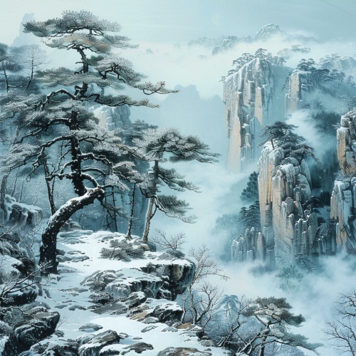 创作一幅雪后黄山山水画，画面内容包含迎客松