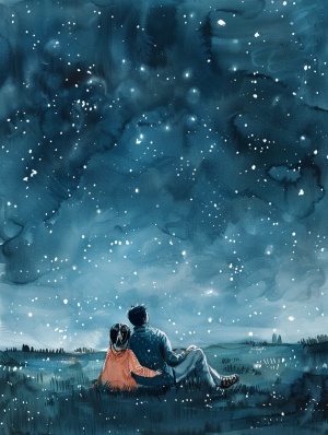 在星光璀璨的夜晚，父亲和孩子躺在草地上，一起仰望星空，分享天文知识和童年的梦想。