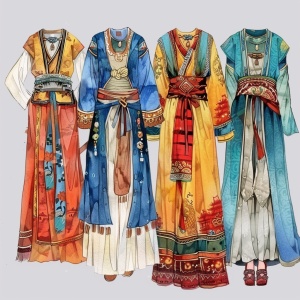服装设计：民族风长裙藏族元素简约棉布，服装整体宽松，服装色彩蓝红黄，有藏族印花，有褶皱，有腰带袜子鞋子，叠穿