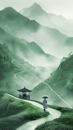 这幅图片描绘了一个仙境般的场景，一位身穿传统服装、头戴斗笠的人正走在一条蜿蜒于绿色山丘上的小路上。整幅画面充满了宁静与安详，给人一种恬静优美的感觉。图中人撑着一把伞，表明可能会有雨水或毛毛细雨。背景中的高山和雾气为画面增添了神秘感，使整个场景显得如梦似幻。画作中还出现了一座建筑，可能是亭子或小屋，进一步烘托出画面的古色古香。总体而言，这幅画作展示了一个传统与自然和谐共处的场景，展现了东方美学中宁静祥和的一面。