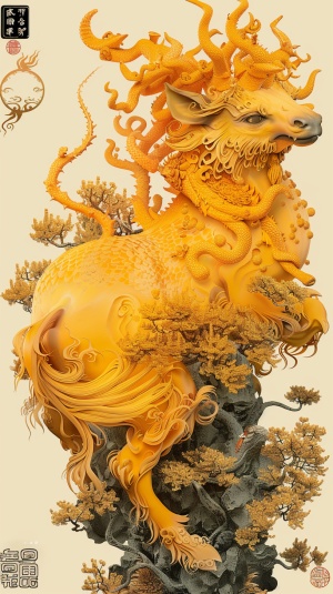 [1]乘黄，[2]山海经中的乘黄，是一种祥瑞之兽，它的出现预示着好运和长寿。[3]它的皮毛是金黄色的，背上的角像珊瑚一样美丽。[4]给人一种吉祥、美好的感觉。[5]中国传统绘画风格，[6]使用工笔画法，以精细的线条和丰富的色彩表现出乘黄的形象和皮毛的质感。