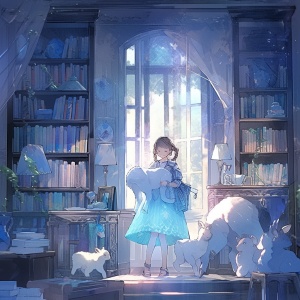 梦幻唯美蓝色房间，书架摆满书，黄色光线照进窗户