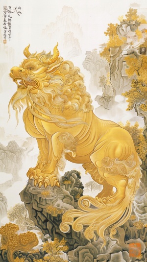 [1]乘黄，[2]山海经中的乘黄，是一种祥瑞之兽，它的出现预示着好运和长寿。[3]它的皮毛是金黄色的，背上的角像珊瑚一样美丽。[4]给人一种吉祥、美好的感觉。[5]中国传统绘画风格，[6]使用工笔画法，以精细的线条和丰富的色彩表现出乘黄的形象和皮毛的质感。