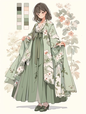 柔和照明,女性,瘦,全身镜头,前视图，新中式，中国风，花朵元素，green and white tones，floral motifs，light flowly midi floral dress，lace，gauze texture，design sheet，rich detail，Clothing style drawing，jasmine， coat suit，pink