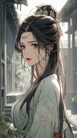 一个年轻漂亮的女人，乌黑大眼睛，黑色长发马尾，精美发簪，古代女子发饰，穿着浅色华丽的汉服，站着，平静的表情，古代故宫庭院，中国古风风格，