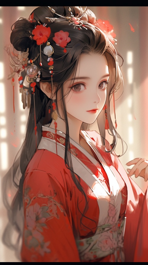 一个年轻漂亮的女人，乌黑大眼睛，黑色长发马尾，精美发簪，古代女子发饰，穿着红粉色华丽的汉服，站着，平静的表情，古代故宫庭院，中国古风风格，