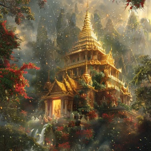 浮在空中的神殿，金甲武士守卫在门口，柔和的光撒在神殿的尖顶，绿树红花围绕神殿。