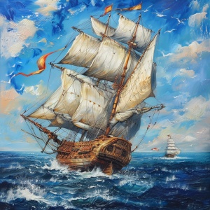 西班牙三桅杆大帆船航行蓝色大海