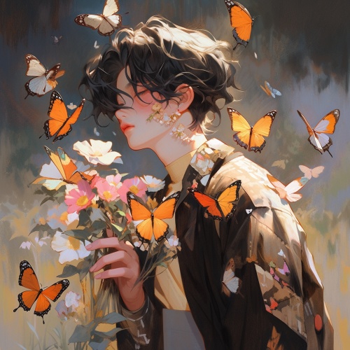 男孩，微笑，手持鲜花，蝴蝶围绕，清晨阳光洒在他温暖的脸庞上，花朵绽放，芳香扑鼻，他满怀喜悦地欣赏着，身边飞舞的粉色和黄色的蝴蝶跟随他的脚步，营造出一幅宛如童话般的画面。