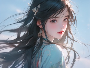 一个穿着浅蓝色连衣裙的黑发黑眸中国现代女孩，在星星艺术团体 (xing xing) 的风格中，浅黑色和天蓝色，美丽，笑容温柔，magewave，详细的五官，流动的面料