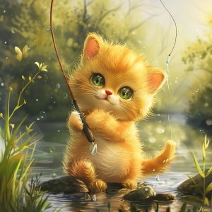 黄色小花猫在花园河边钓鱼动态姿势可爱