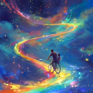 翻译：一位父亲带着儿子在蜿蜒的彩虹路上骑自行车，在天空中飞驰。自行车周围有五颜六色的星星。这是非常梦幻和治愈的。整个画面呈现出一种亲密和治愈的感觉。
