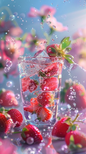 冰花草莓与气泡水的桌上邂逅