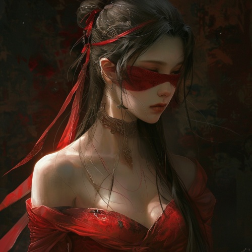 一个美丽的女人穿着红色，被蒙住眼睛，长发披在肩膀上，额头上缠着缎带，以中国古代服饰动漫艺术插图的风格描绘。她以幻想世界为背景，具有类似于游戏概念设计的黑暗氛围。艺术品具有超详细的面部特征和自然光照亮的完美体型。她穿着简单的彩色固体在平面绘画风格与超高清晰度和超级细节分辨率。