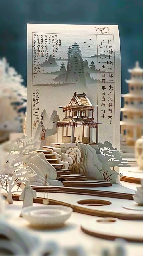 该图像描绘了一个微型纸雕作品，展示了中国传统建筑、人物和自然景观。主要特征包括一座精致的宝塔，一名身穿古代服饰的男子站在它前面，以及背景中的树木和山丘。宝塔似乎是纸雕中最大的元素，而人物则为场景增添了规模感。整个纸雕放置在一张木制底座上，进一步强调其艺术性和独特性。此外，在纸雕周围散落着一些其他元素，如碗和杯子等，丰富了整个场景并增加了视觉趣味。