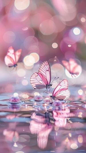 多只透明蝴蝶在闪闪发光的水面上，以珍珠的粉色为背景，在水中央创造出美丽的线条，阳光，斑点，反射粉色，光影，高清灵活，真实照片 LE 比例 9:16