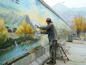 公路边墙壁上 文化墙画家刚刚画好了一幅长型墙体绘画作品 乡村美景