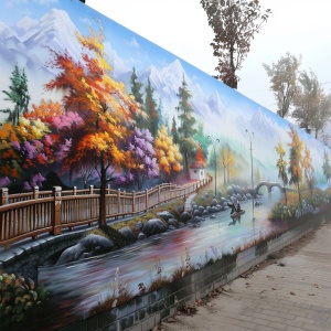公路边墙壁上 文化墙画家刚刚画好了一幅长型墙体绘画作品 山水美景 真实