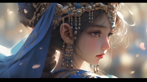 中国人，古代风格，一个穿着青色古装的漂亮女子，大眼睛，五官精致美丽，头戴发饰，精致，画面唯美，宛如仙境，超高清画质，极致细节，