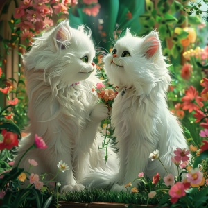 一对白色长毛猫咪正在花团锦簇的大草坪上举行盛大的婚礼，浪漫，卡通风