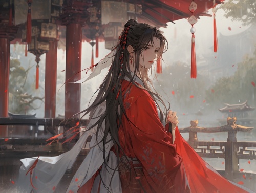 中国古代风格，一个身穿大红色汉服的女子，长得倾国倾城，绝色妖娆，站着，高清