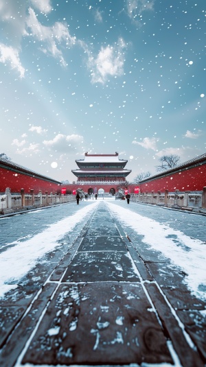 一条通往故宫的大道，天空下着雪，地上铺满雪，广角平视，高清实拍