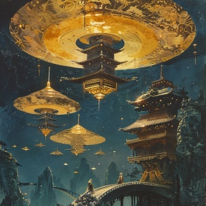 神秘东方：巨大金色圆盘与传统宝塔的奇幻构图