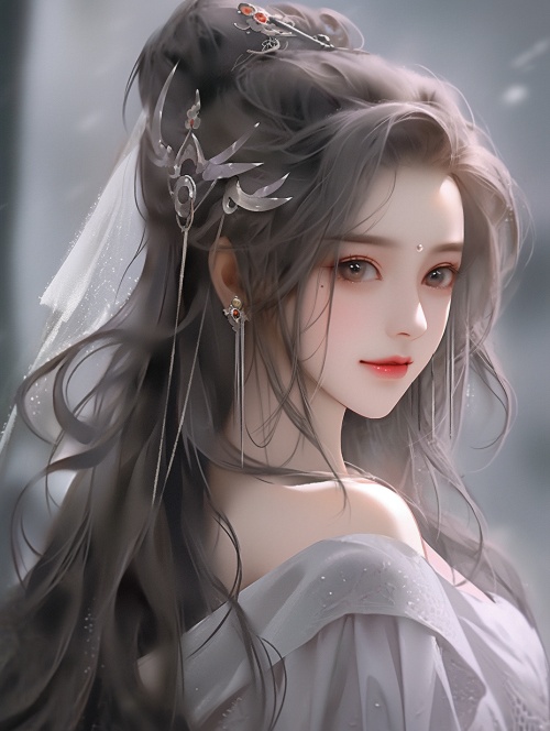 中国人，古代风格，一个穿着烟灰色古装衣服的漂亮女子，性感，妩媚，五官精致美丽，头戴发饰，精致，微笑，画面唯美，宛如仙境，超高清画质，极致细节，画面高清
