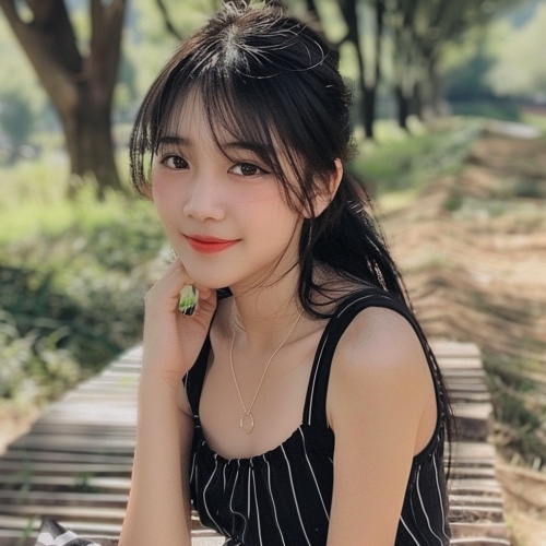 一个清秀的中国姑娘坐在公园里，穿着黑色短袖上衣，衣服上有白色的条纹，身体好，面对镜头露微笑，有柔顺的刘海在脸颊的两侧，高清。