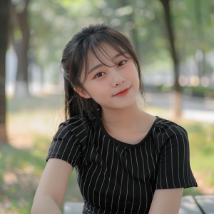 一个清秀的中国姑娘坐在公园里，穿着黑色短袖上衣，衣服上有白色的条纹，身体好，面对镜头露微笑，有柔顺的刘海在脸颊的两侧，高清。