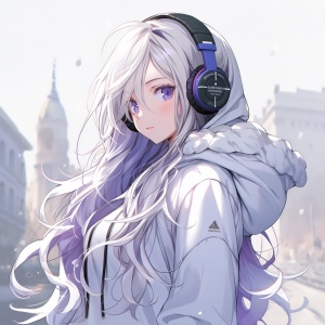一个白色长发少女，紫眸，在莫斯科，身高165，带着耳机，穿着纯白色卫衣。
