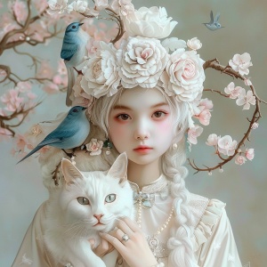 迷人动漫插画：美丽女孩与超大白猫