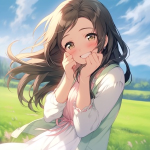 Cute Cartoon Girl in White Dress Smiling in Anime Style