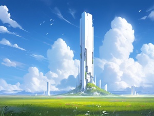 未来派的白色混凝土塔状建筑在草原尽头映衬蓝天白云